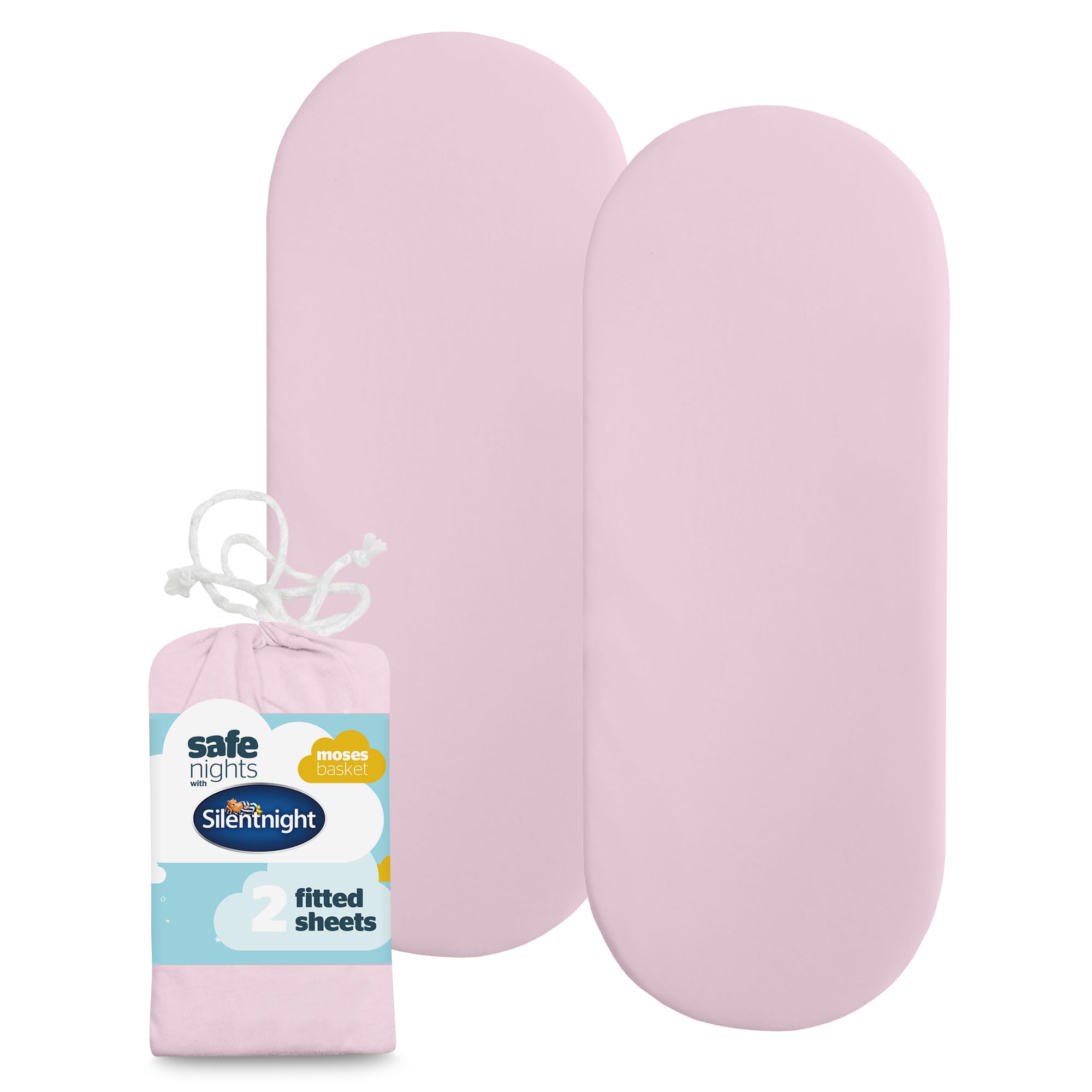 Silentnight Safe Nights Fitted Sheet - Moses Basket Mattress - Breathable 100% Cotton Jersey - Super Soft Kind to Baby Skin - 74x27cm - Secure Fit with Elasticated Corners - 2 Pack, Pink