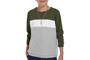 Haloumoning Boys Long Sleeve Shirts Kids Fashion Fall Tops Crewneck Color Block Tees 5-14Y