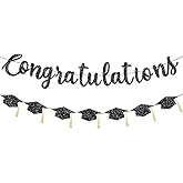 FHGG Pre Strung Congratulations Decorations Banner Graduation Class of 2026 Black Glitter Congrats Grad with Tassel Party Decor College High School Favors Black NO DIY