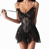 WMZRKY Lace Lingerie Sets for Women Sexy, 2 Piece Mesh Chemise V Neck Babydoll Valentines Lingerie, Black, Onesize 2-8