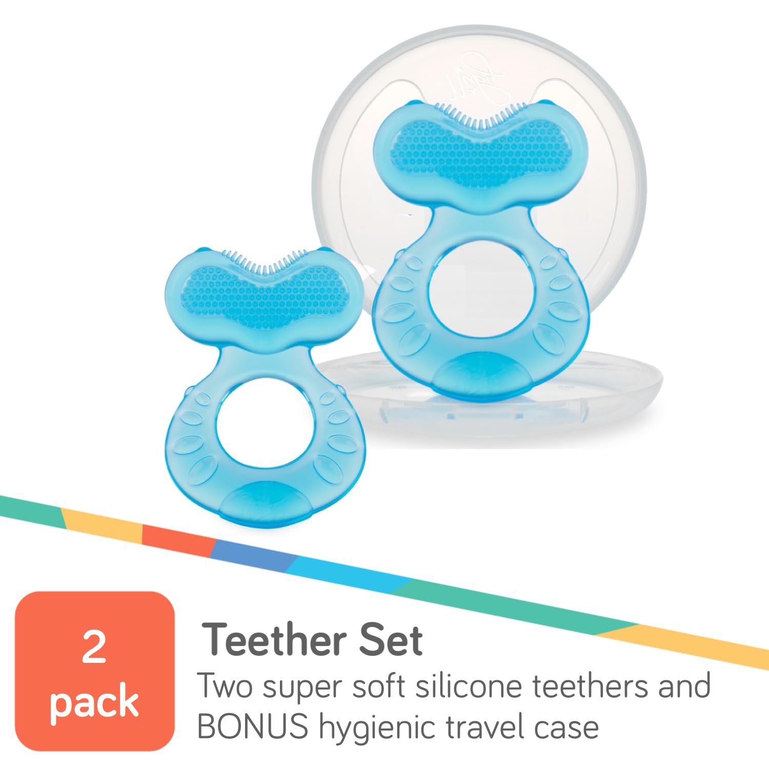 Nuby Soft Silicone Teether with Massaging Bristles | 2 Pack: Blue | 3m + | Travel Case Included