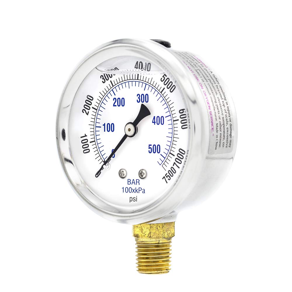 PIC Gauge PRO-201L-254T 0-7500 PSI Pressure Gauge, 2 1/2" Dial, 1/4" Male NPT Connection, Bottom Mount, Dual Scale, Glycerin Filled, Stainless Steel Case/Bezel, Brass Internals & Plastic Lens