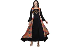 Yash Gallery Women's Rayon Jacket Style 3/4 Sleeve Round Neck Long Indian Anarkali Kurtis For Summer