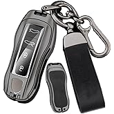 SANRILY 3/4 Button Compatible with Porsche Key Fob Cover Metal Leather Key Shell Case Fit for Porsche 911 Cayenne Macan Panamera Taycan 2019 2020 Keyless with Keychain Black