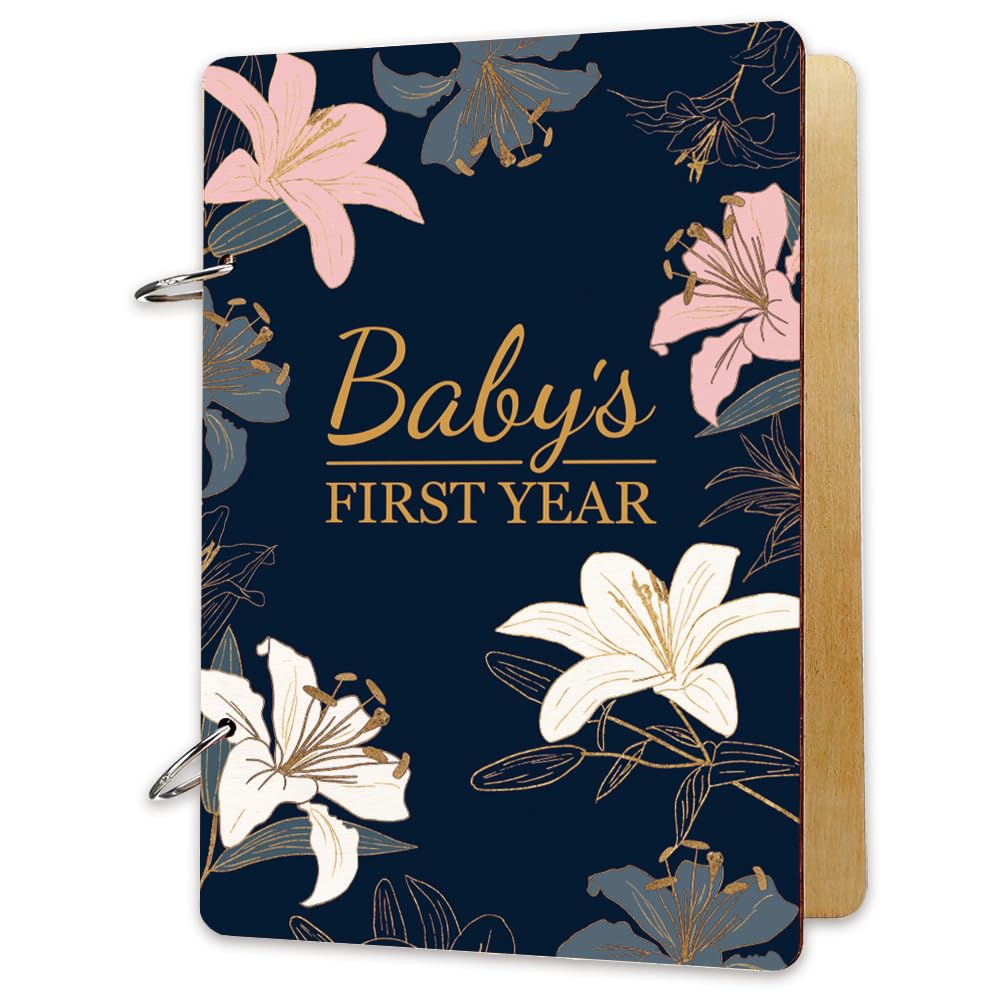 SUPERDANT Baby's First Year Wooden Loose Leaf Binder Lilys Book Reminder Baby Memory Book Baby Journal Scrapbook Photo Album Cover Calendar Keeper Holder Organizer Card Keepsake No Rings