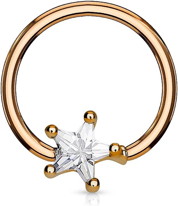 316L Surgical Steel IP Rose Gold BCR Captive Ring with Clear Star CZ 14G (1.6mm x 12mm)