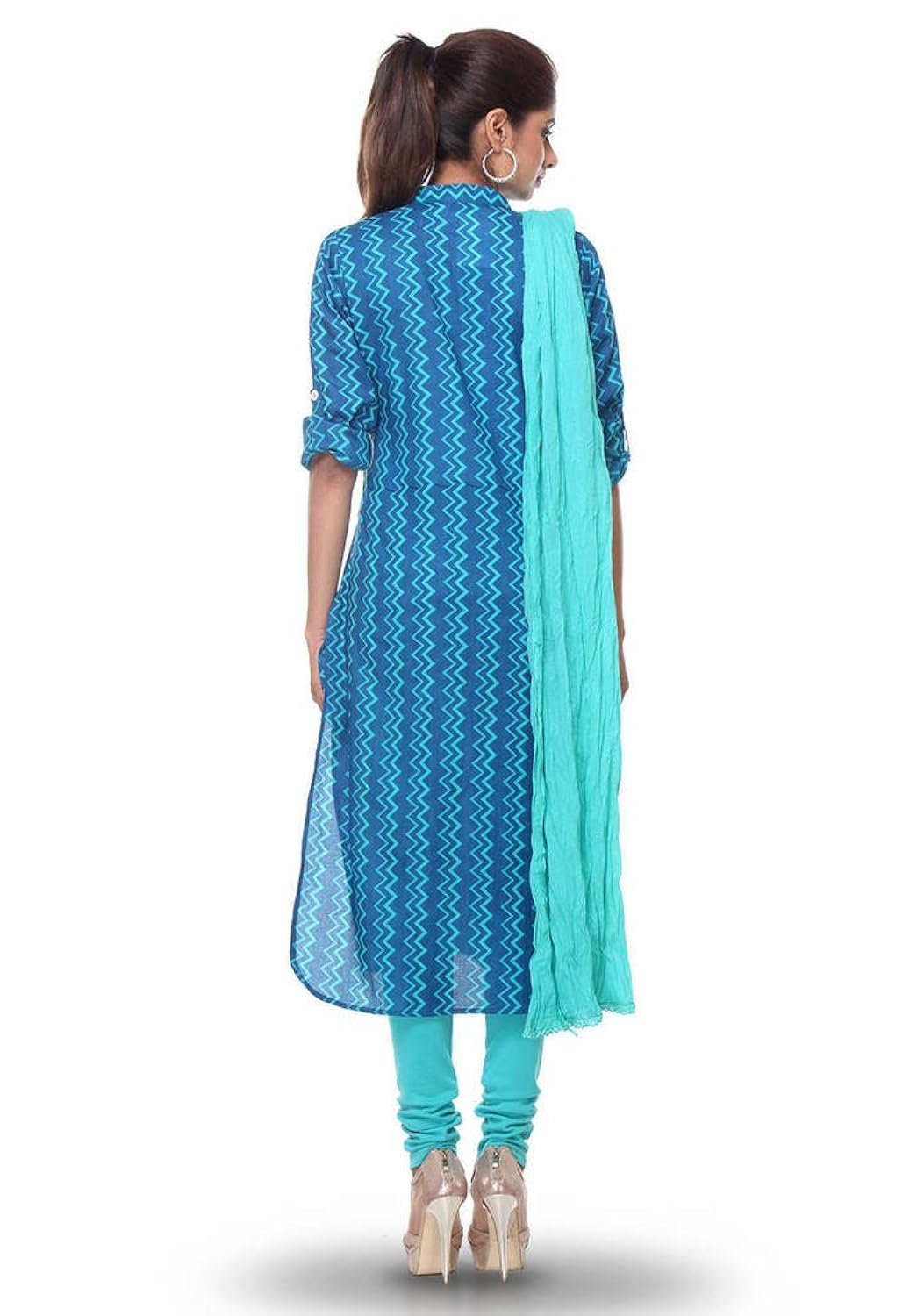 blue printed cotton kurti legging dupatta suit