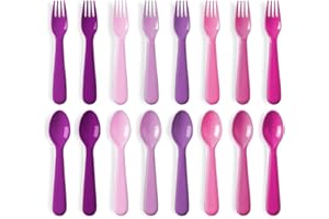 PLASKIDY 16 Pc Toddler Utensils Set Kids Utensils 8 Kids Spoons 8 Kids Forks BPA Free Dishwasher Safe Reusable Plastic Utensils for kids Bright Colors silverware Plastic Cutlery Set Children Flatware (PURPLE)