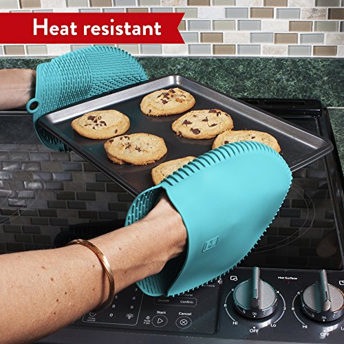 New for 2020! 100% Silicone Pot Holders & Oven Mitts. A Silicone Mitt is Healthier Than Cotton & Easier to Clean, Won't Grow Mold or Bacteria. Heat Resistant, Non-Slip & Flexible (Teal, 1 Pair)