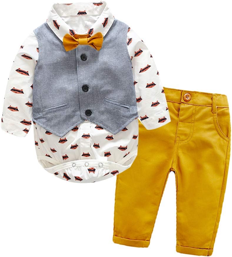 Tem Doger 3Pcs Baby Boys Gentle Long Sleeve Bowtie Bodysuit Shirt Vest with Pants Clothing Set Outfit