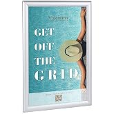 Displays2go Sign Frame Holder, 11x17-Inch | Silver Aluminum, Wall Mount or Tabletop, Snap Open Border, With Lens, WSNF117SV