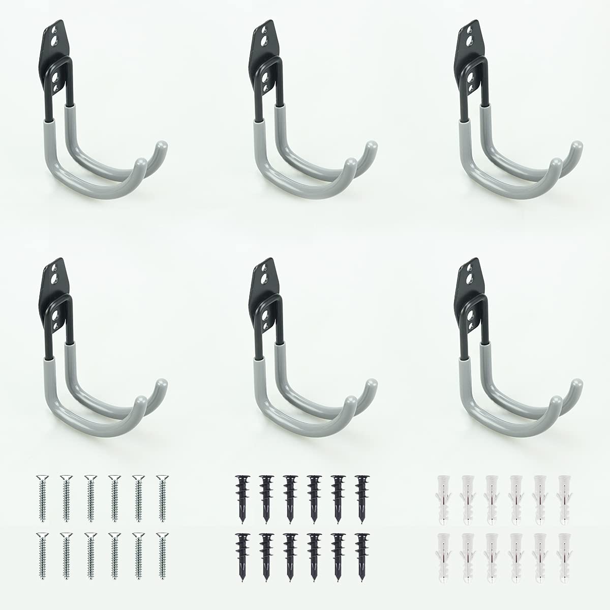 Efimosu 6 Pack Garage Hooks,Garage Heavy Duty Steel Hooks,Wall Mount Storage Utility Hanger, Organizer Tool Holder with Anti-Slip Coating (Grey)