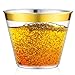 Feiyen Gold Plastic Cups for Party Decorations - 100 x 9 Oz Clear Disposable Cups Old Fashioned Tumblers - Elegant Gold Rimmed Cups for Wedding bride shower, Graceful Party Cups with Gold Rim