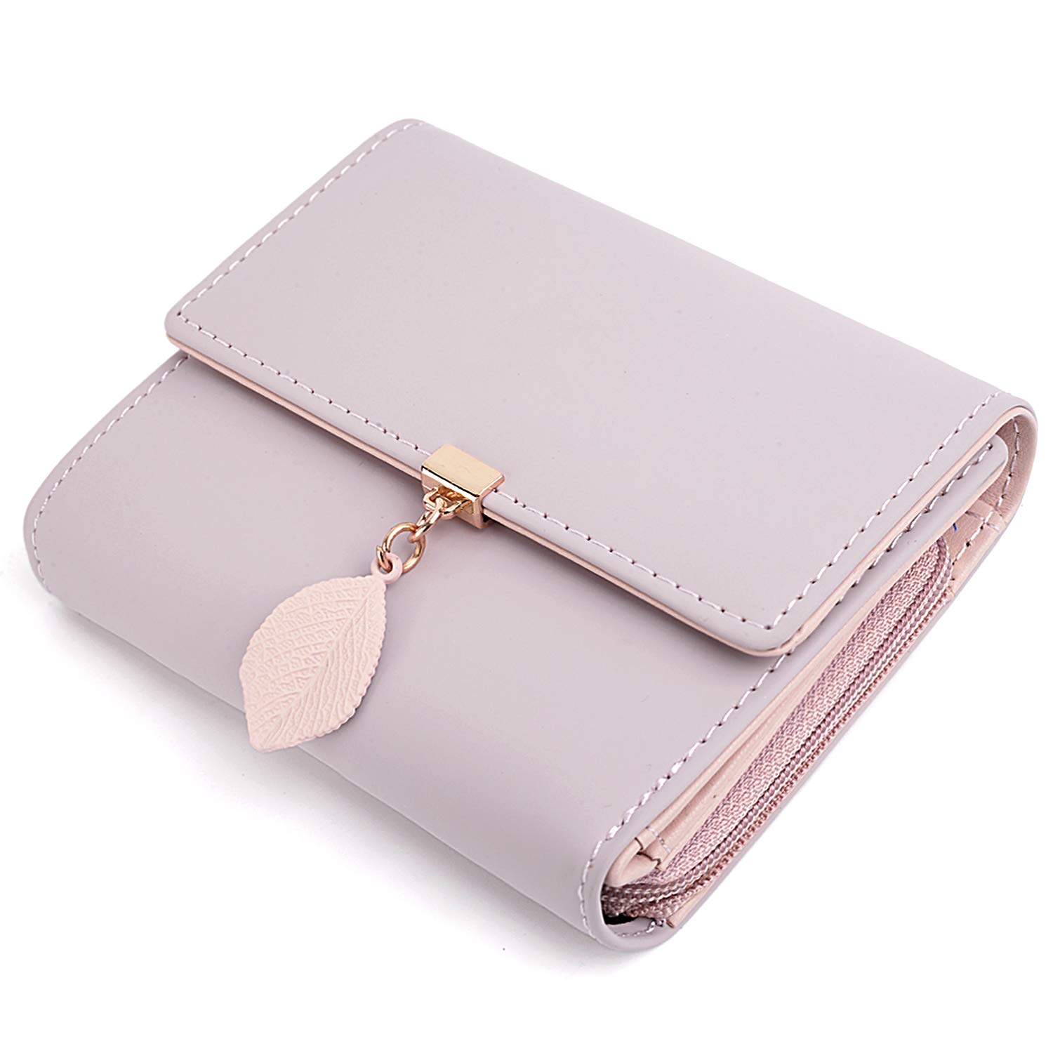 UTO Purses for Women Mother Mum RFID Blocking Ladies Wallets Card Cases Money Organisers Zipper Coin Pocket 6 Slots Leaf Pendant Faux Leather Pink
