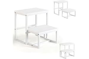 SEHERTIWY Wooden Step Stool for Adults, 3 in1 Bed Step Stool with Metal Frame, Heavy Duty 2 Step Stool Holds up to 500Lb, Foot Stool for Kichen/Bathroom/High Beds（White）