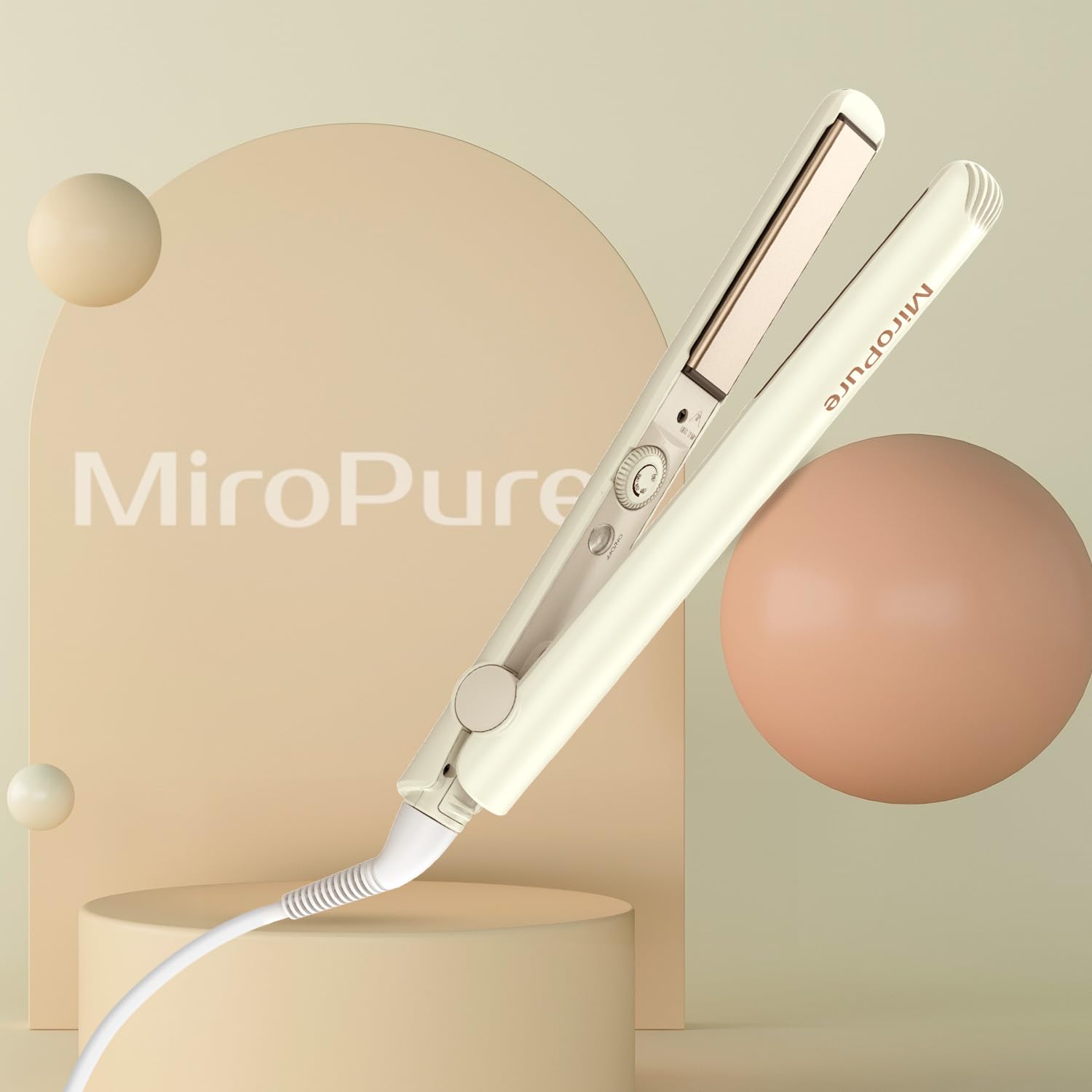 MiroPure 1 Inch Flat Iron, Hair Straightener with 30S Fast Heating & 60min Auto Shut-Off, Hair Straightener and Curler 2 in 1 with 3D Ceramic Floating Plates, Beige