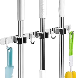 Broom and Mop Holder Wall Mounted Garage Organizer Storage Tool Racks Stainless Steel Heavy Duty Hooks Self Adhesive Solid Non-slip Rustproof Durable Wall Hangers for Home, Kitchen, Garden, Laundry room, Garage Organization and Storage (3 Racks & 4 Hooks)