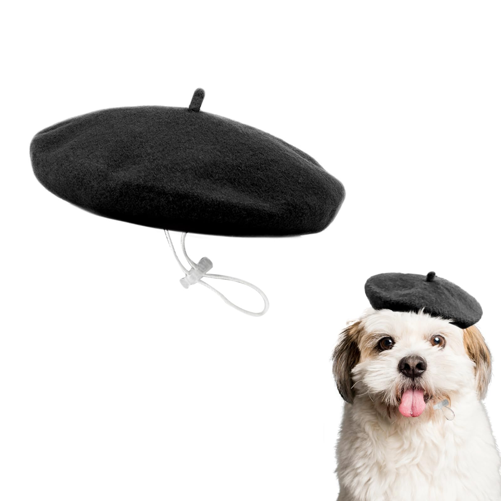 Photo 1 of ZARSIO Small Dog Beret Wool Hat Cat Fashion Costume Beret Pet French Artist Beanie (Black)