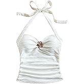 SOLY HUX Girl's Summer Ruched Halter Top Metal Decor Tie Back Sleeveless Tank Cute Vacation Tops