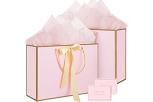woric Pink Gift Bags with Handles, 14" Medium Gift Bags with Tissue Paper, 2 Pcs Pink Bags with 4 Tissue Paper and 2 Cards for Christmas Baby Shower Birthday Party Wedding Stocking Stuffers