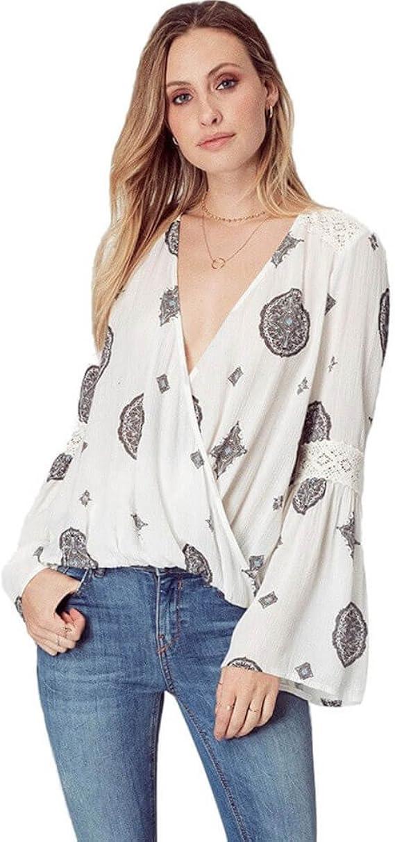 Lace Trim Bell Sleeve Printed Top, Ivory, Large at Amazon Womenâs Clothing store