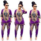 Elevin(TM) Women Summer African National Print Casual Straight Print Tops+Pants