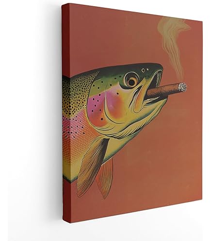 Vintage Trout Smoking Cigarette Retro Whimsical Wall Art Canvas Print