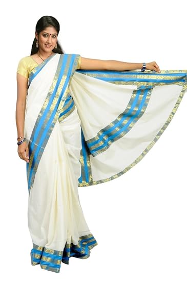 ASHIONKIOSKS Silk cream cotton kasavu kerala saree with lace work and GOLD BLOUSE
