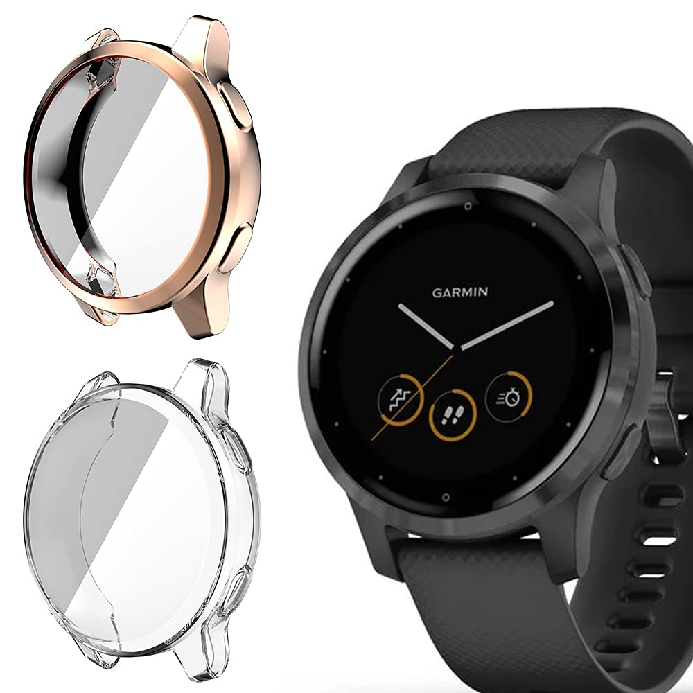 Niboow Case [2 Pack] Compatible with Garmin Vivoactive 4S, with Screen Protector, Flexible TPU Shockproof Scratch Proof Cover Case Compatible with Garmin Vivoactive 4S - Rose Gold + Transparent — image 1