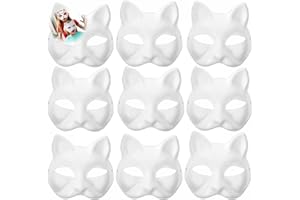 HOT6SL Cat Mask, 3/6/9PCS Therian Masks White Cat Masks Blank DIY Halloween Mask to Paint Animal Half Facemasks Masquerade