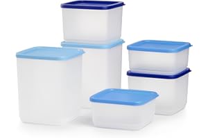 Tupperware Stacking Square Storage Set - Dishwasher Safe & BPA Free - (6 Clear Containers + 6 Blue Lids)