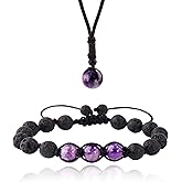 Vdkidkt Amethyst Crystal Lava Rock Anxiety Bracelets and Necklace Set, Self Care Stress Relief Bracelet Necklace Set, Natural Stone Energy Crystal Protection Bracelets for Yoga Meditation(Amethyst)