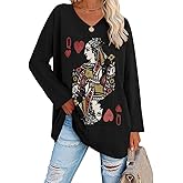 Fazortev Womens Oversized Long Sleeve Queen Of Hearts Graphic T Shirts V Neck Casual Loose Fit Tees Tunic Tops