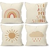 YUESHARE Boho Watercolor Rainbow Sun Cloud Rain You Are My Sunshine Linen Throw Pillow Cover 18 x 18 Inch Set of 4, Baby shower Gifts for Home Kids Room Bedroom Nursery Decor