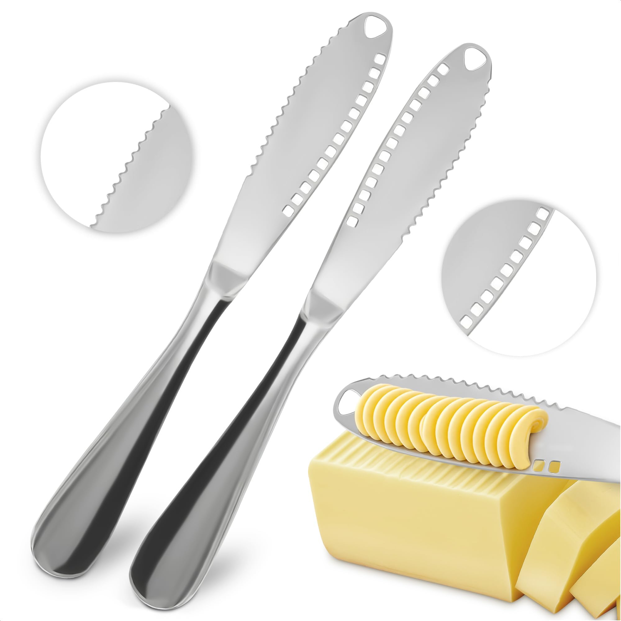 View 1 of 2 PCs Butter Knife Spreader – 3 in 1 Stainless Steel Butter Knives with Grater Blade and Holes for Spreading and Slicing – Cheese Spreader Knives with Corrosion-Resistant Finish and Easy-Grip Handle