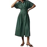 Ceputer Women Striped Button Down Shirt Maxi Dresses Summer Pleated Short Sleeve Collar Casual Corset Long Dress