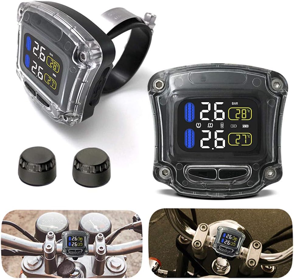 FADZECO Motorcycle TPMS Tyre Pressure Monitoring System with 2 Sensors Motorbike Handlebar Waterproof LCD Display
