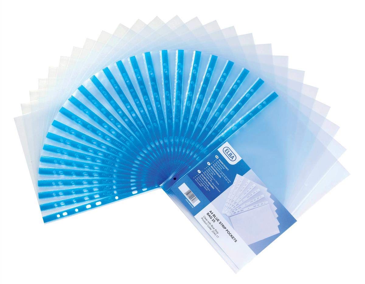 Elba Glass Clear Multipunched Pocket Blue Strip 75 Micron A4 Pk100 202308 [Pack 100], 400002150
