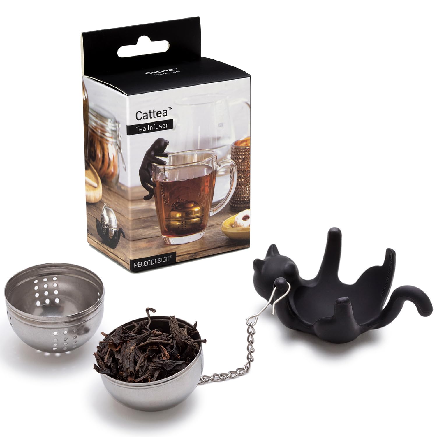 PELEG DESIGN Cattea Tee-Ei Katze – Lustiges Teesieb für losen Tee aus Edelstahl & Silikon, Inklusive Abtropfschale, Originelles Tee-Zubehör & Geschenk für Katzenliebhaber, Schwarz