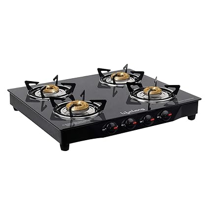 Lifelong Glass Top Gas Stove, 4 Burner Gas Stove, Black (1 Year Warranty with Doorstep Service)