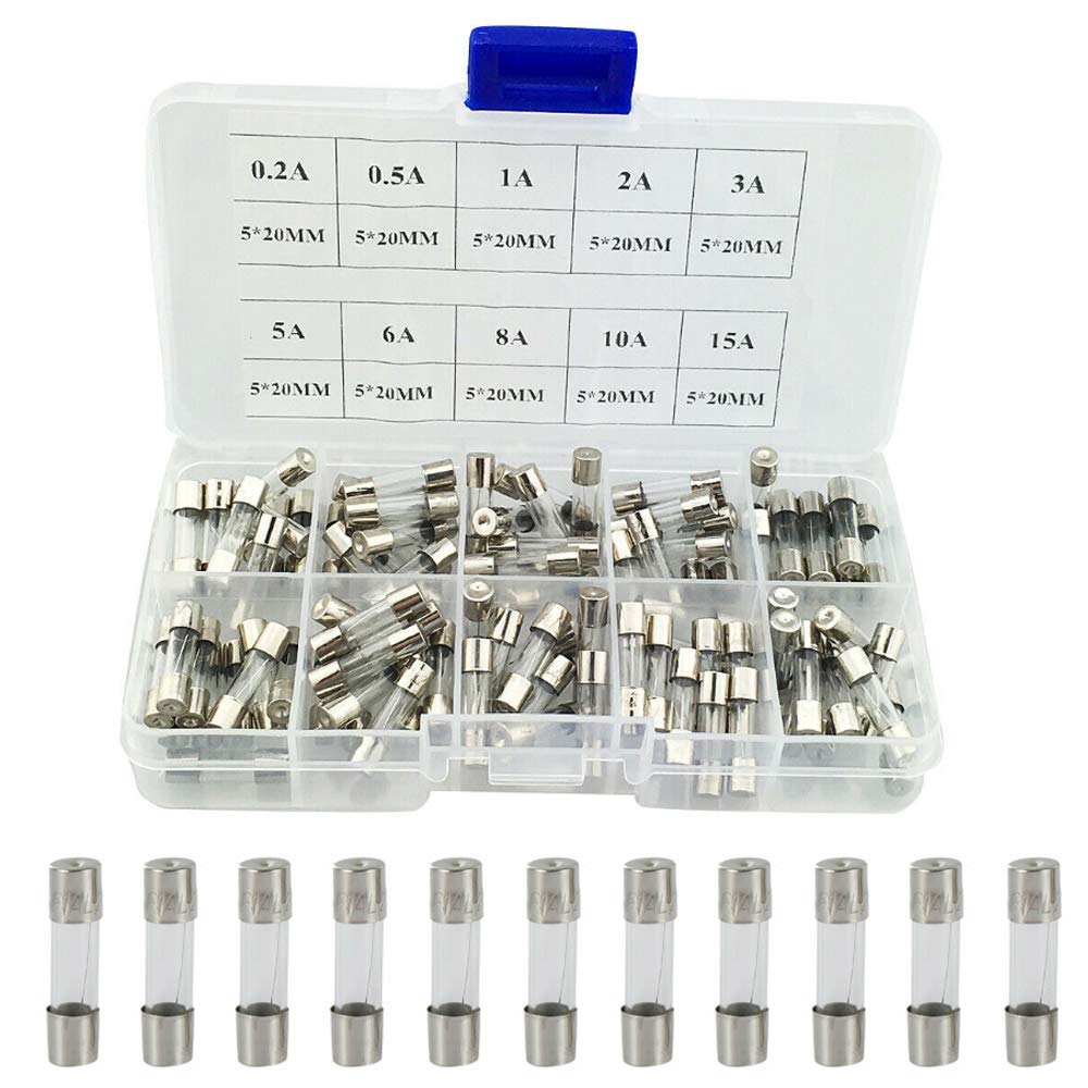 ETOPARS 100 Pcs Car Electric Mini Fast-Blow Glass Tube Fuse Assorted Kit Quick Blow Fuse 250V 5x20mm 0.2A 0.5A 1A 2A 3A 5A 8A 10A 15A 20A