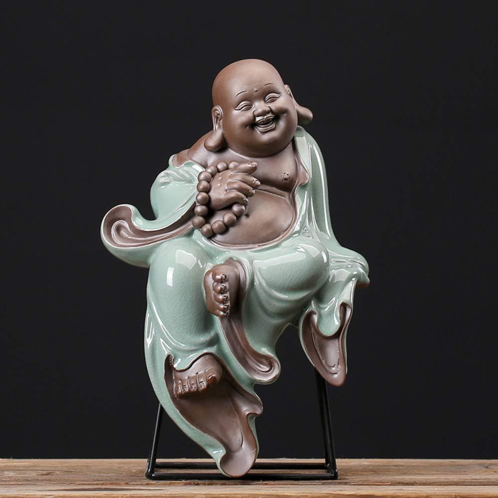 Laughing Buddha Statue For Good Luck Wealth And Happiness, Handmade Chinese Green And Brown Ceramic Buddha Figurine For Zen Meditation, Maitreya Holding Beads For Car Home Desk Decor