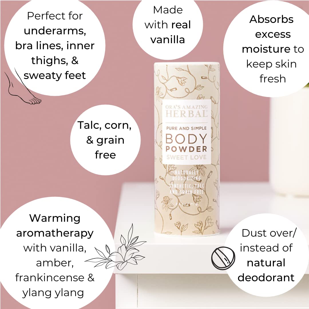 Ora's Amazing Herbal Body Powder for Women, Cornstarch and Talc Free, Bath and Dusting Powder, Amber Oil, Frankincense Essential Oil, Ylang-Ylang, Vanilla, Warm Scent, Ora's Amazing Herbal, Sweet Love 2.5 oz