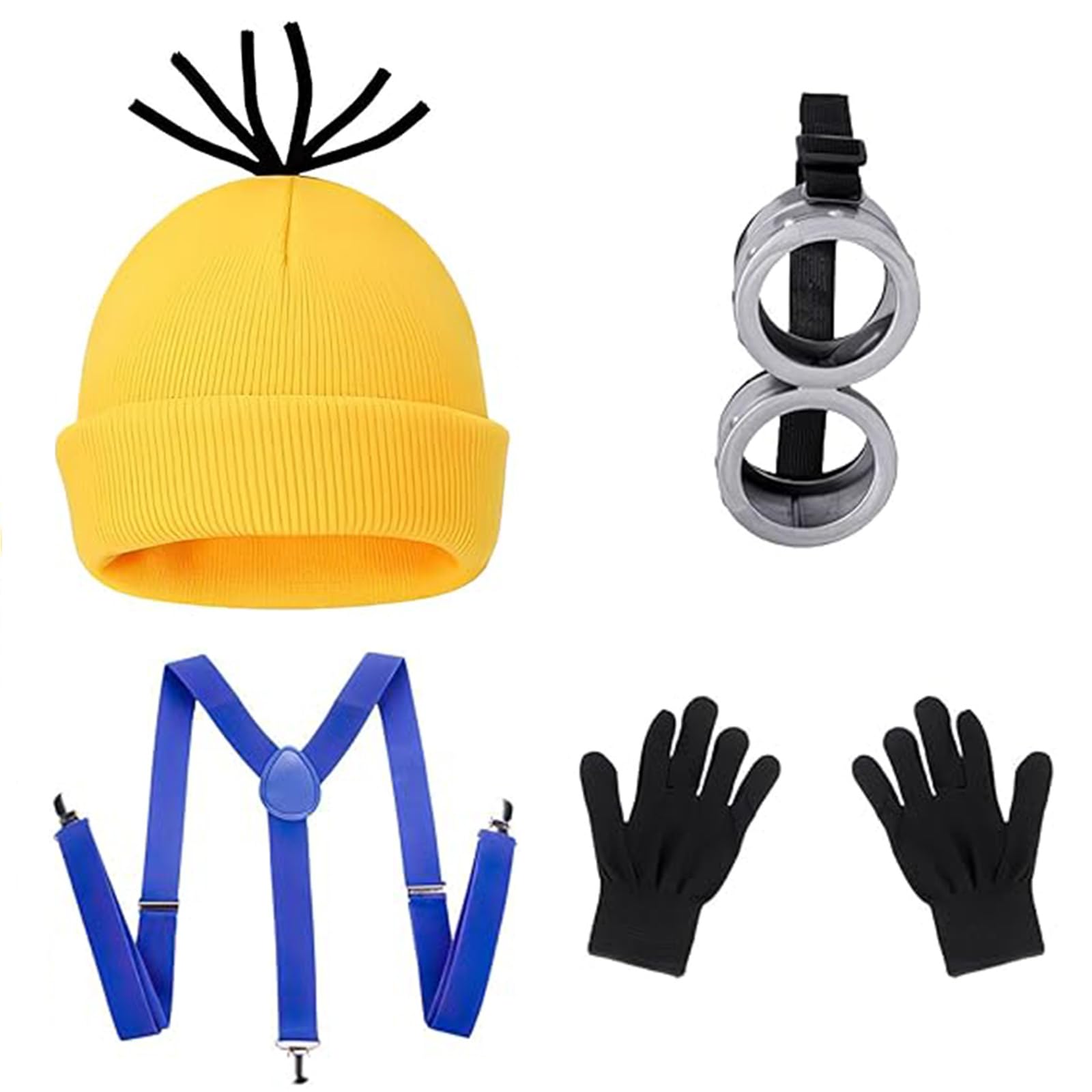 Photo 1 of 4 Pcs Halloween Costume Accessories Adult,Goggles Glasses/Yellow Beanie/Gloves/Blue Suspenders for Men Women Halloween & Cosplay Parties