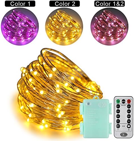RUICHEN String Lights Battery Powered 33Ft 100 LED Color Changing Decorative Fairy Lights 8 Modes Dimmable Waterproof Chirstmas Silver Wire Light with Remote for Outdoor Garden(Purple&Warm White)