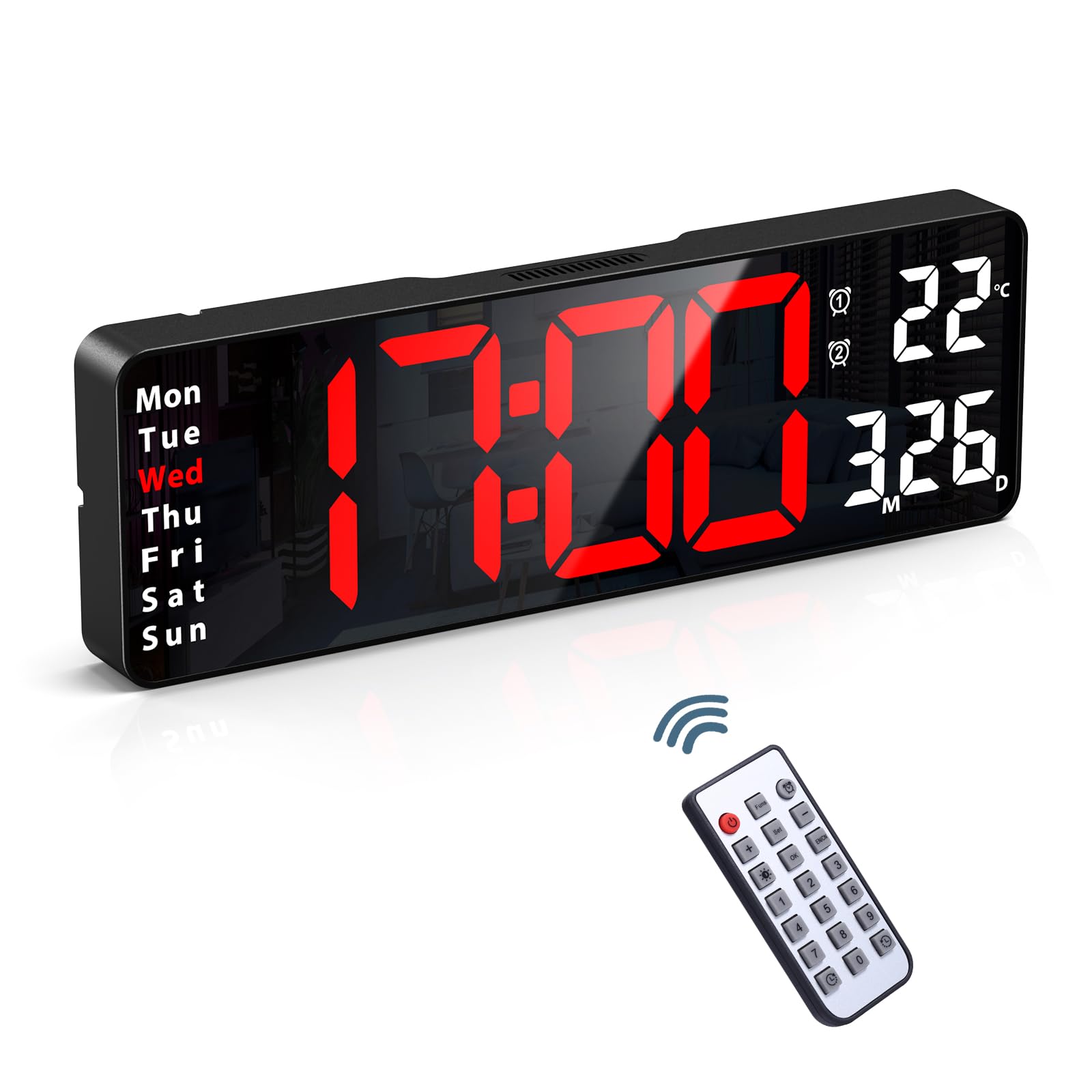 Ankilo Newest 13'' Digital Wall Clock with Remote Control, Large Display Alarm Clock with Big Digits, Auto-Dimming, Timer, DST, Silent Big Desk Clock for Living Room Gym, Red Font — image 1