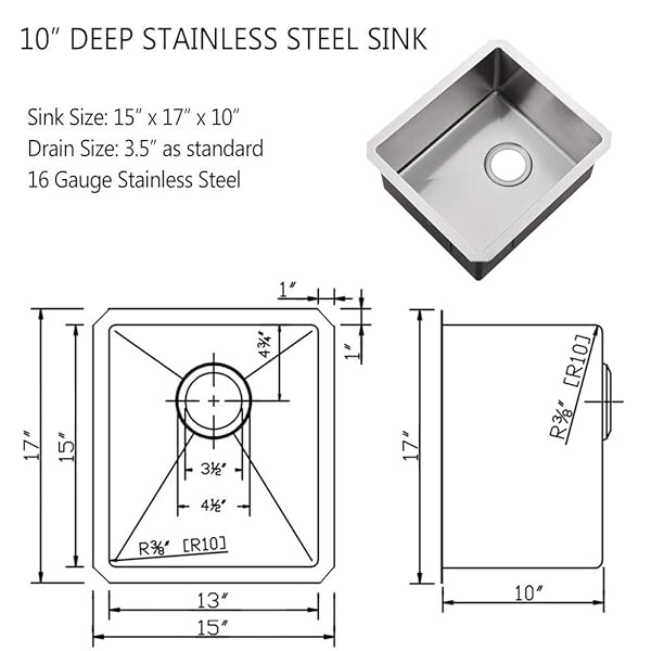 BOOMHOZE STAINLESS STEEL UNDERMOUNT BAR SINK, 15 X 17 INCHES SMALL WET BAR UNDERMOUNT 16 GAUGE SUS304 BRUSHED NICKEL SINGLE BOWL OUTDOOR KITCHEN SINK