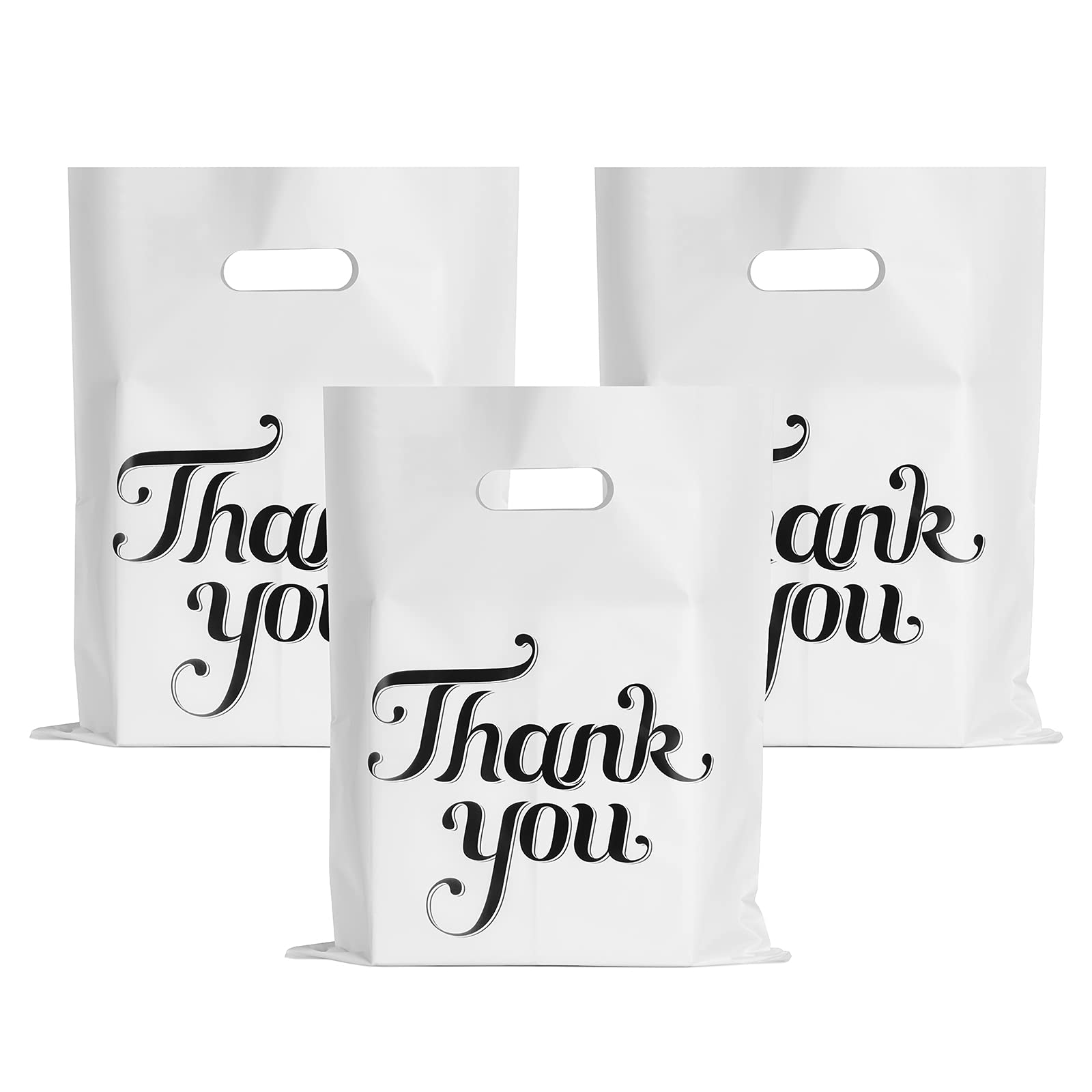 Photo 1 of 100 Pcs White 12x15" Thank You Bags, Shopping Bags for Goodie, Boutique, Retail, Party Gifts, Clothes, Reusable Plastic Bag with handles (White)