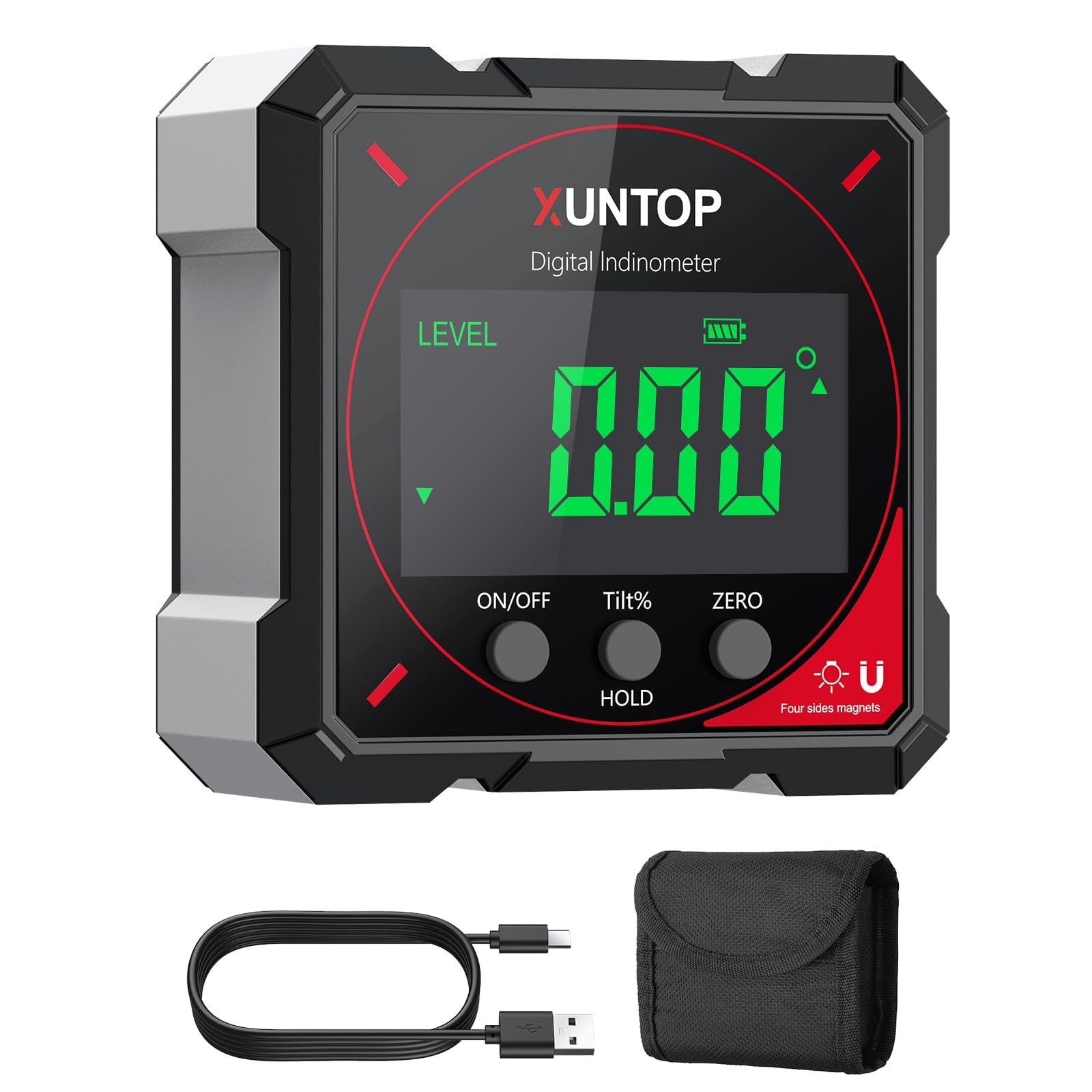 XUNTOP Digital Level with 4-Sided Magnetic Base & Rechargeable Type-C Battery, Digital Angle Finder with VA Reverse LCD Display for Woodworking, Construction & DIY