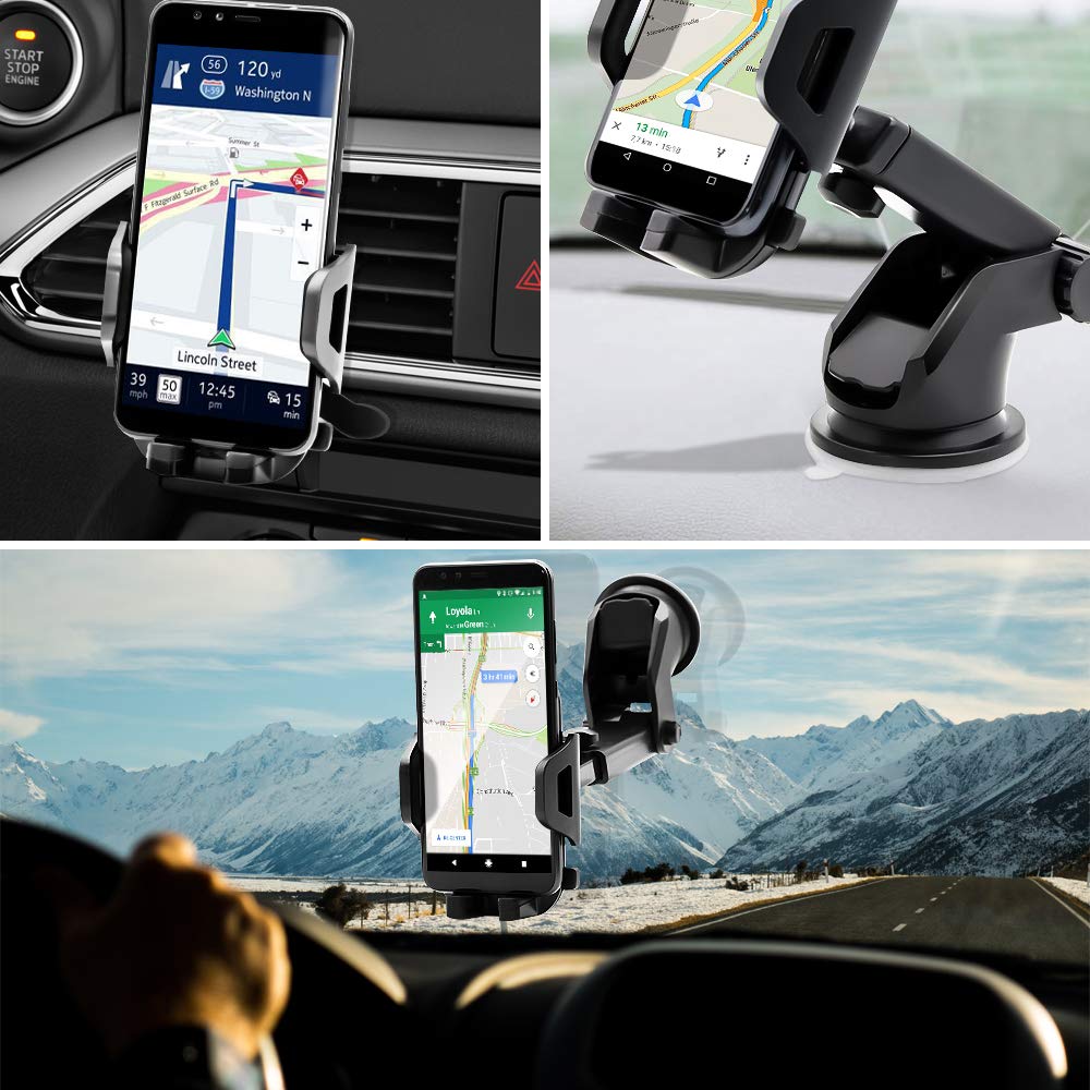 Veroyi Car Phone Mount, 3-in-1 Extendable Dashboard Windshield Car Air Vent Cell Phone Holder, One-Button Release Design, Compatible with 4-6.5” Mobile Phone Devices